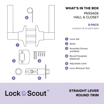 Lock Scout Straight Lever with Round Trim Hall and Closet Door Handle, Matte Black Finish, 8 Pack