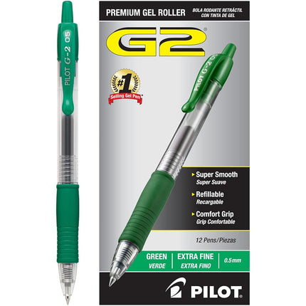 Pilot G2 Retractable Premium Gel Ink Roller Ball Pens, Extra Fine Point, Green Ink, Dozen Box -31005