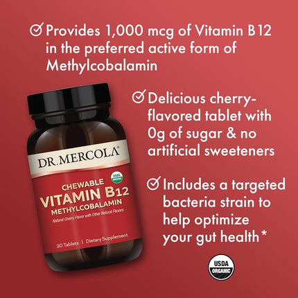 Vitamina B12 Masticable Orgánica | Dr. Mercola | 30 Comprimidos