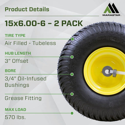 15x6.00-6" Front Tire Assembly Replacement for 100 and 300 Series John Deere Riding Mowers - 2 pack