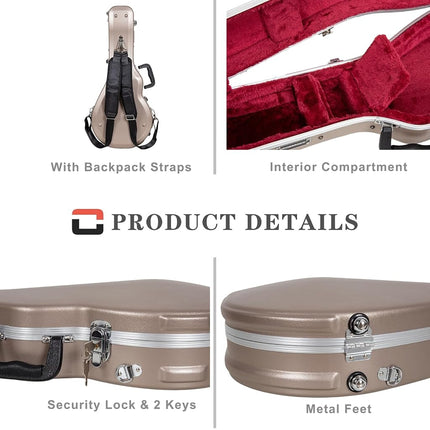 Crossrock F-Style Mandolin Case | ABS Molded Hardshell with Security Lock, Metal Feet, and Detachable Straps-Champagne (CRA862MFCH)