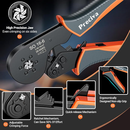 Ferrule Crimping Tool Kit, Preciva Upgrade Double & Single Ferrules Connectors,16-6 Hexagonal Ratchet Jaw Wire Crimping Pliers AWG 28-5 (0.08-16mm²) with 1200PCS Terminal Connector Sleeves, CP94120
