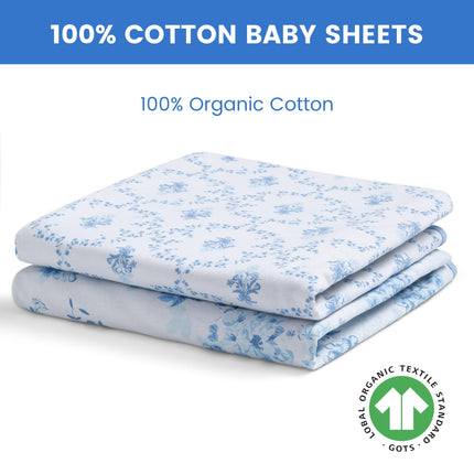 Sábanas ajustables para cuna Delta Children para niñas y niños - Sábana para cuna 100% algodón orgánico para cunas estándar y colchones para niños pequeños - 28x52 pulgadas - Certificación GOTS (Paquete de 2), Blue Botanicals