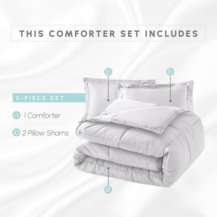 Elegant Comfort 3-Piece Box Stitched Down Alternative Comforter with Shams - Ultra Soft for All Season Duvet Insert with Corner Tabs, Plush Cozy 3PC Comforter Set, Twin, White
