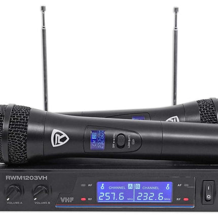 Rockville RWM1203VH Dual Wireless Handheld Microphone System, 2 Mics, VHF Long Range, Clear Sound, Digital Display, for Karaoke, Stage, Church, Live Events