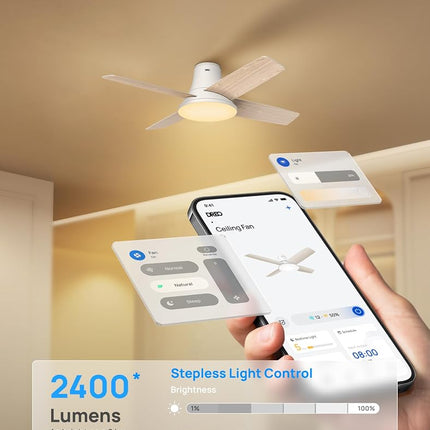 Dreo Ceiling Fans with Lights, 12 Speeds & 3 Fan Modes, Quiet DC Motor, Low Profile Easy to Install, Flush Mount Smart Ceiling Fan with Dimmable LED, 12H Timer for Bedroom, Remote, White, 44''