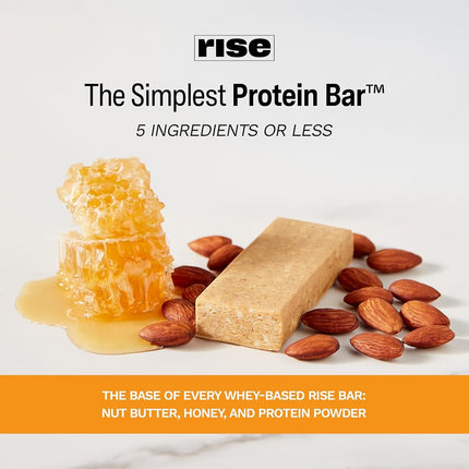 Rise Bar Non-GMO, Gluten Free, Soy Free, Real Whole Food, Whey Protein Bar (20g), No Added Sugar, Almond Honey High Protein Bar with Fiber, Potassium, Natural Vitamins & Nutrients 2.1oz, (12 Count)