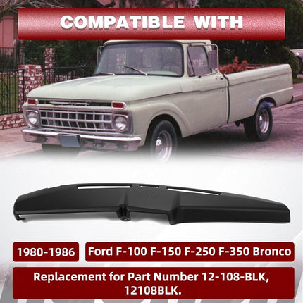 Cubierta de salpicadero HECASA compatible con Ford F-100 F-150 F-250 F-350 Bronco de 1980-1986, reemplazo para número de pieza 12-108-BLK, cubierta de salpicadero de plástico ABS pintado de negro