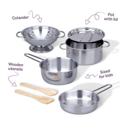Melissa & Doug Stainless Steel Pots and Pans Pretend Play Kitchen Set for Kids (8 pcs), Silver