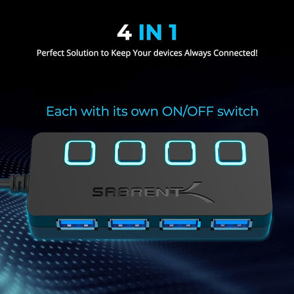 SABRENT USB Hub 4 Port Fast 5Gbps USB Splitter 3.2, with LED Switches, 68CM (2ft) Cable, Slim & Portable for Mac/PC (HB-UM43)