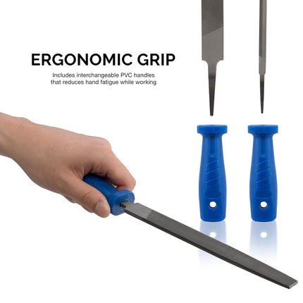 NEIKO 12 Piece Metal File and Rasp Set | 10, 8, and 6 Inch Extra Slim Flat, Half, Mill, and Round Files | Non Slip PVC Blue Handles, Heat Treated Carbon Steel