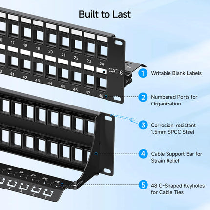 Cable Matters Panel de Conexión Keystone de 48 Puertos 2U Montable en Rack o Pared con Gestión de Cables y Barra de Soporte, Panel de Conexión Vacío de 19 Pulgadas para Conectores Keystone