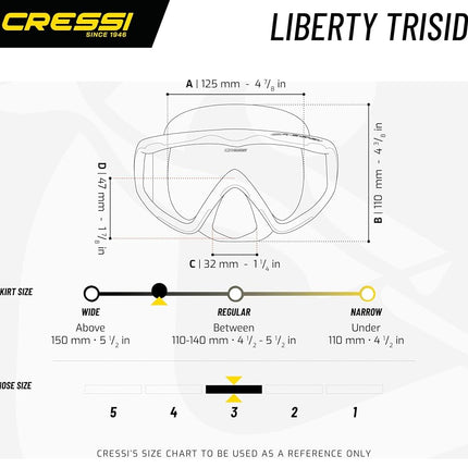 Cressi Liberty Triside Snorkel Mask - Panoramic 3-Glass Vision Diving Mask - Unisex Adult - One Size, Black/Sapphire