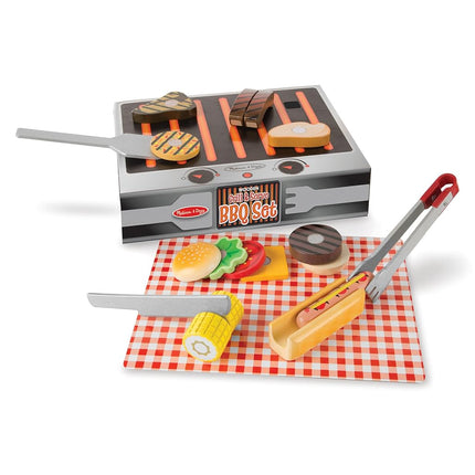 Melissa & Doug 9280 Grill and Serve BBQ Set (20 pcs) -Wooden Play Food and Accessories, Multi-Colored, 1 EA