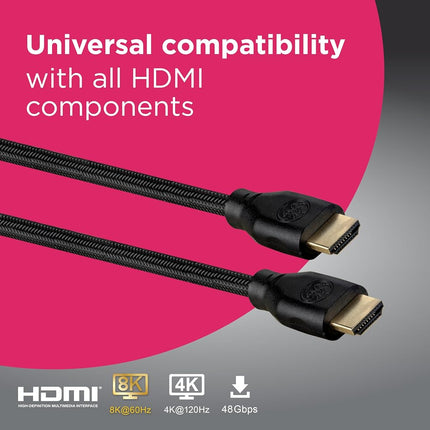GE UltraPro 8K HDMI 2.1 Cable with Ethernet, 1.5ft, Ultra High-Speed 48Gbps, Supports 8K@60Hz, 4K@120Hz, HDR, eARC, Dolby Atmos, Braided Black, 84679