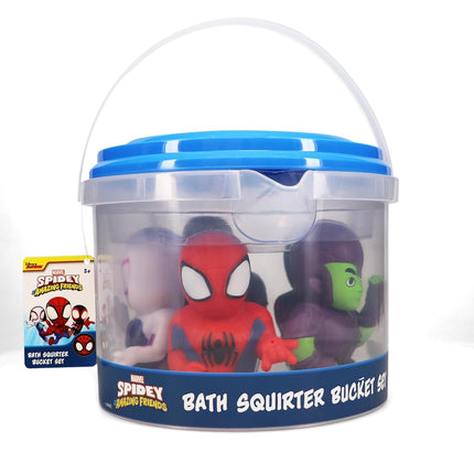 Marvel Spidey & Friends - 5 Piece Bath Squirter Bucket Set - Bath Toys for Baby and Toddlers - Includes Organizer Bucket - Store Bath Time Water Toys