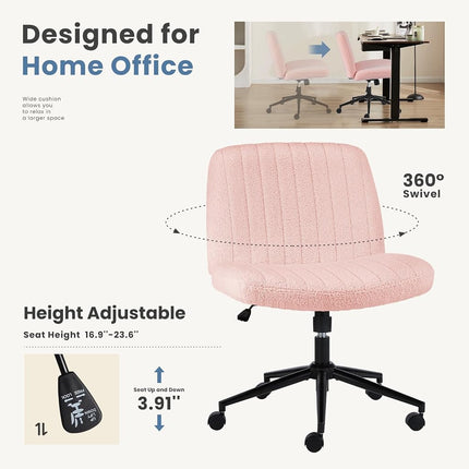 DUMOS Criss Cross Chair with Wheels, Wide Cross Legged Office Desk Vanity Chairs, Armless Adjustable Swivel Chairs for Home Computer Task, Teddy Pink