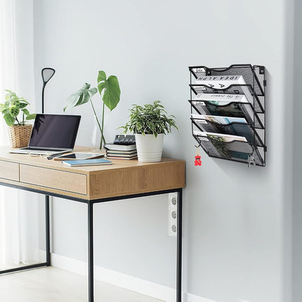 BOHDK Wall File Organizer 5 Pockets, Mail Organizer, Hanging Folder Holder, Foldable | Hanging or Wall Mounted | Label Panel | 2 Hooks | Office Home School Organizer, Black