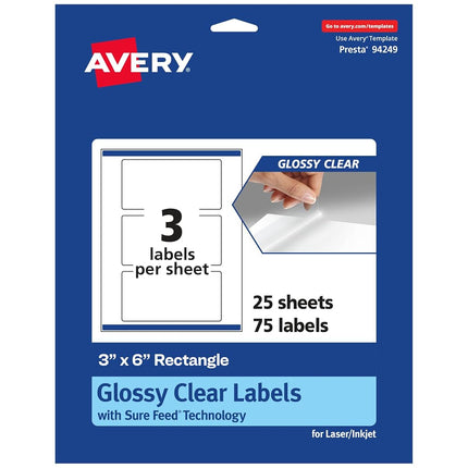 Avery Glossy Clear Rectangle Labels with Sure Feed, 3" x 6", 75 Glossy Clear Labels, Print-to-The-Edge, Laser/Inkjet Printable Labels