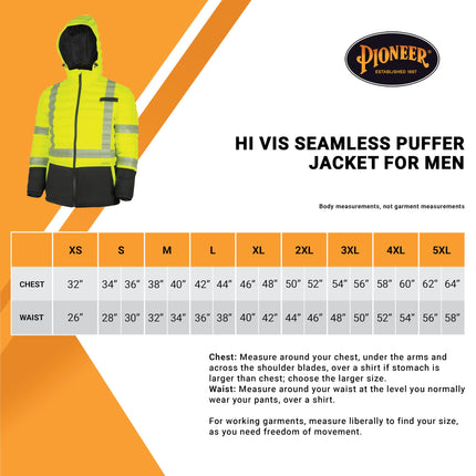 Pioneer Hi Vis Seamless Puffer Jacket for Men - High Visibility Waterproof Winter Parka - ANSI Class 3