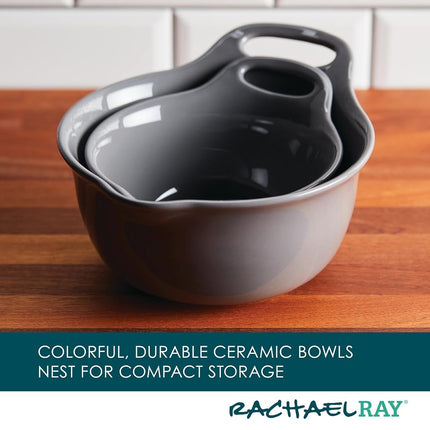 Rachael Ray Ceramics Nesting Mixing Bowl Set with Pour Spout, 1 Quart and 2 Quart - Dark Gray