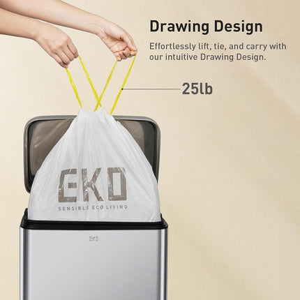 EKO Easy-Dispense Roll 60 Count Extra-Strong Drawstring Trash Bags, 8 Gallon Garbage Bags, Clear White Can Liners, Code F-1, Extra-Long Custom Fit Dual Compartment Recycler