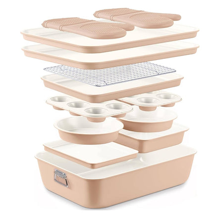 Country Kitchen Nonstick Stackable Bakeware Set - Deluxe Heavy Duty, Durable, Easy Release Baking Set, Taupe, 13 Pcs with Handles