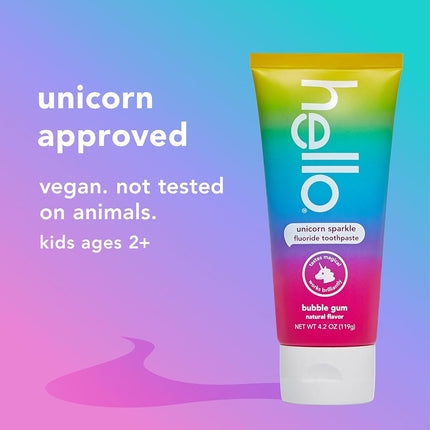 hello Unicorn Sparkle Kids Fluoride Toothpaste, Natural Bubble Gum Flavor, ADA Approved, Ages 2+, No Artificial Sweeteners, No SLS, Gluten Free, Vegan, Pack of 3, 4.2 oz Tubes