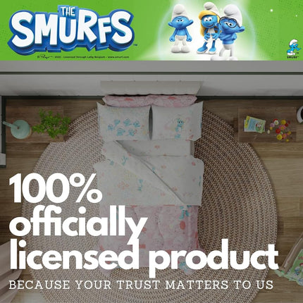 The Smurfs Smurfette Twin Bedding Set – 5 Piece Kids Super Soft Microfiber Reversible Comforter & Sheet Set - Pink, (Officially Licensed Product) by Franco