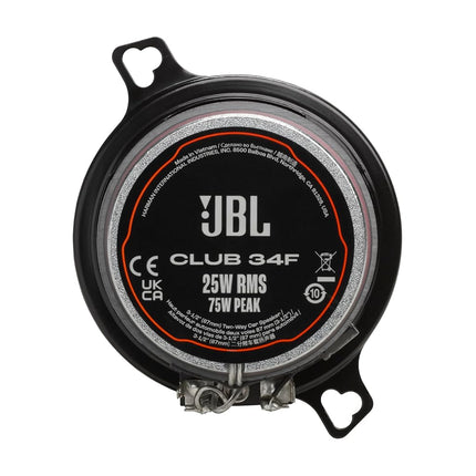 JBL Club 34F - 3-1/2" (87mm) Two-Way Car Speaker, 75 Watts Peak, 25 Watts RMS, Sensitivity (@ 2.83V): 89dB, Frequency Response: 90Hz – 20kHz, Nominal Impedance: 3.0 ohms