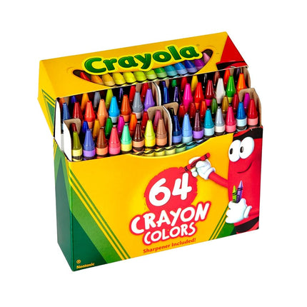 CRAYOLA Wax Colouring Crayons - Assorted Colours (Pack of 64), in Handy Flip Top Box with Sharpener Included, Ideal for Kids Aged 3+