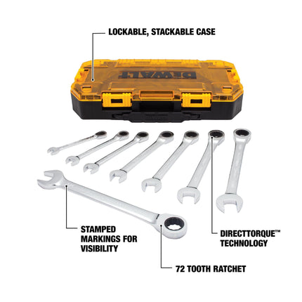 DEWALT Tough Box 8 PC SAE Ratcheting Combination Wrench Set