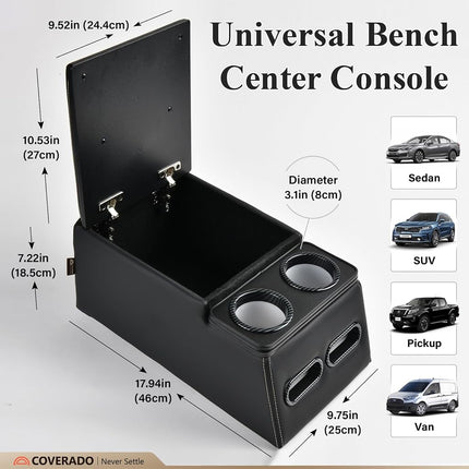 Coverado Car Center Console, Consolas universales para asientos traseros, Organizador y almacenamiento de asientos de camión, Organizador de coche para asientos traseros con portavasos, Caja de reposabrazos central (Regular, Negro)