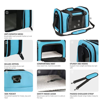 Henkelion Large Cat Carrier for Large Cats Dogs Puppies up to 25Lbs, Blue, Soft Sided, Collapsible, Daily Travel, Car, Pet Hospital