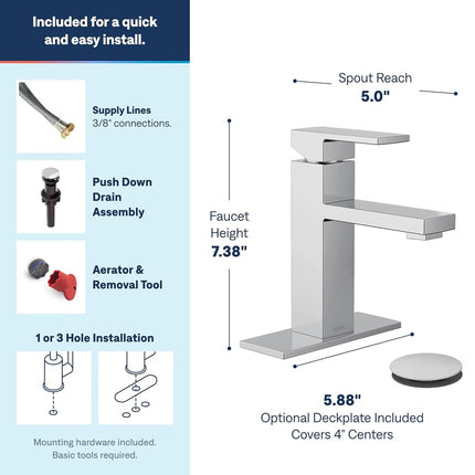 Moen Revyl - Grifo monomando cromado para lavabo de baño moderno con placa de cubierta opcional y conjunto de desagüe con resorte, 84771