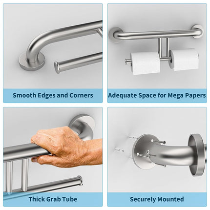 Grab Bar w/Double Toilet Paper Roll Holder Brushed Nickel, iHansee Stainless Steel Shower Support Balanced Support Handle, Wall Mounted Safety Handrail Grab Rail for Elderly Senior Handicap Disabled