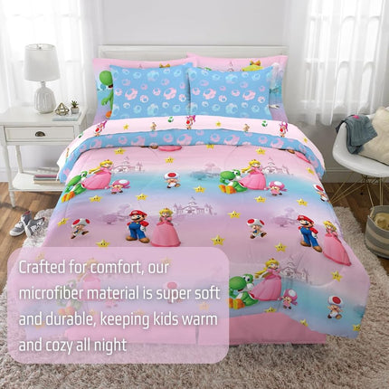 Franco Super Mario Girl Princess Peach Girl Gamer Kids Bedding Super Soft Comforter and Sheet Set with Sham, 7 Piece Full Size, (Official Licensed Product)