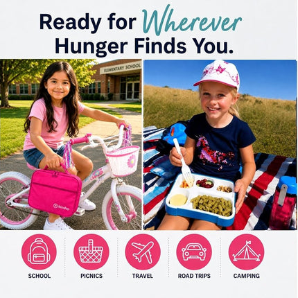 kinsho Bento Lunch Boxes in Bags for Kids | 2 Box & Bag Set for School, 6 Compartments Leakproof BPA Free, Two Blue & Pink