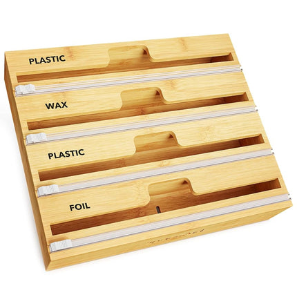 SpaceAid WrapNeat 4 in 1 Wrap Organizer with Cutter and Labels, Plastic Wrap, Aluminum Foil and Wax Bamboo Dispenser for Kitchen Storage Organization Holder for 12" Roll (Natural, 4-Slot)