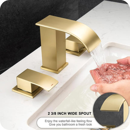 GAGALIFE Grifos de baño de 8 pulgadas tipo cascada de 3 orificios - Grifo de baño dorado cepillado de montaje extendido con desagüe emergente, grifo de lavabo de baño de dos manijas, Patente No. : US D967,340 S