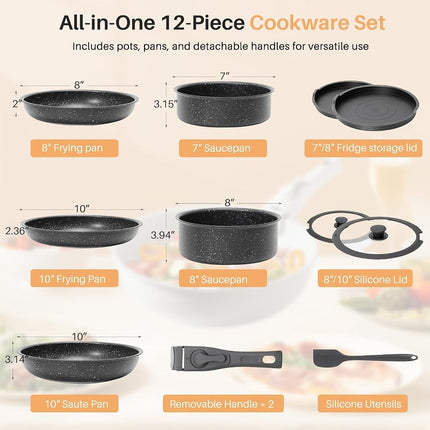Pots and Pans Set Non Stick, 12 Pcs Cooking Pot Kitchen Set with Frying Pans and Sauce Pans, Dishwasher and Oven Safe, PFAS, PFOA, PFOS Free, Black