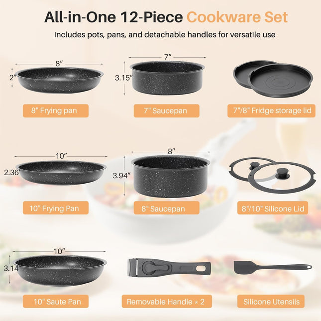 Pots and Pans Set Non Stick, 12 Pcs Cooking Pot Kitchen Set with Frying Pans and Sauce Pans, Dishwasher and Oven Safe, PFAS, PFOA, PFOS Free, Black
