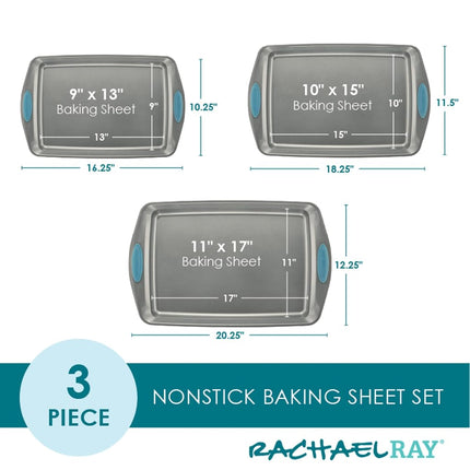Lot de 3 plaques à pâtisserie antiadhésives Rachael Ray, grises avec poignées bleu agave