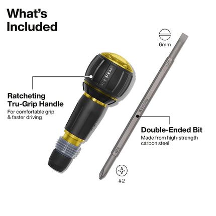 Klein Tools 32960ARCHT Ratcheting Fastbit Tru-Grip Screwdriver, Ratcheting Ball-Style Handle with Quick-Release Collar, #2 Phillips and 6 mm Slotted Double-Ended Bit, 1/4-Inch Bit Compatible