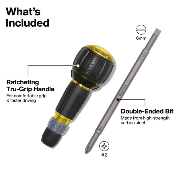 Klein Tools 32960ARCHT Ratcheting Fastbit Tru-Grip Screwdriver, Ratcheting Ball-Style Handle with Quick-Release Collar, #2 Phillips and 6 mm Slotted Double-Ended Bit, 1/4-Inch Bit Compatible