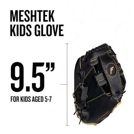 Franklin Sports Kids Baseball Gloves - Meshtek Child's Teeball Glove + Ball Set - Boys + Girls Teeball Mitt Set - Left Hand Throw - 9.5" - Black/Gold