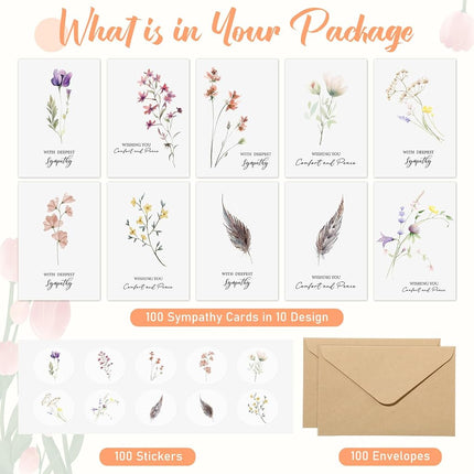 Saypacck 100 Sets Bulk Sympathy Cards with Envelopes and Stickers Condolences Bereavement Greeting Cards to Express Your Condolences(Flower)