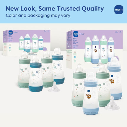MAM 9oz Easy Start Anti-Colic Wide Neck Baby Bottle, Medium Flow Breastfeeding-Like Nipple, Reduces Colic Gas & Reflux, Easy to Clean, BPA Free, 2+ Months, Made in Europe, Bonus Fast Flow Nipple, 4 Pk