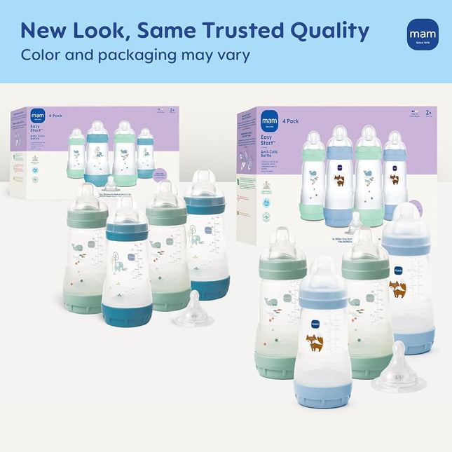 MAM 9oz Easy Start Anti-Colic Wide Neck Baby Bottle, Medium Flow Breastfeeding-Like Nipple, Reduces Colic Gas & Reflux, Easy to Clean, BPA Free, 2+ Months, Made in Europe, Bonus Fast Flow Nipple, 4 Pk
