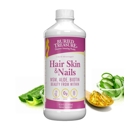 Cabello, Piel y Uñas Buried Treasure con MSM Biotina Aloe Vera más Vitaminas y Minerales en un Complejo Líquido de Alimentos Integrales de Alta Potencia para un Cabello Más Abundante, Uñas Más Fuertes y Piel Más Clara 16 oz